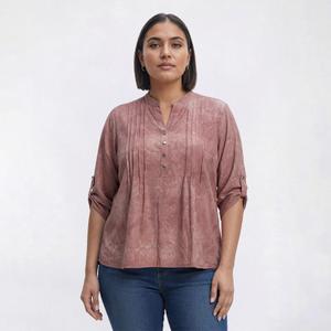 Plus Size Notations 3/4 Tab Sleeve Jacquard Pleat Henley Blouse